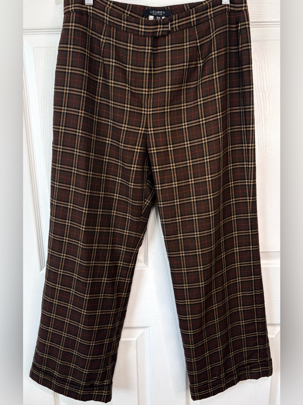 Louben Brown Plaid Wide Leg Cuffed Pants 100% Virgin Wool 12P